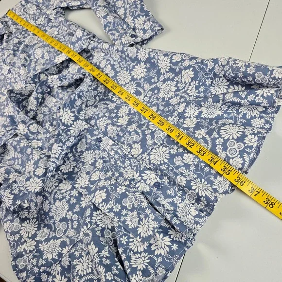 CHAPS Women's Floral Shirt Dress Button Front Ruffle Roll Tab Sleeve Blue Medium - Picture 14 of 14